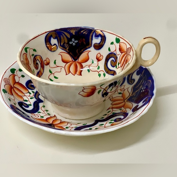 19th Century Antique Gaudy Welsh Crest Pattern Teacup & Saucer Set - Picture 2 of 16